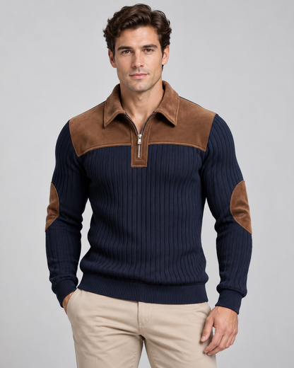 Men's Ribbed Quarter Zip Sweater - Contrast Yoke Regular Fit