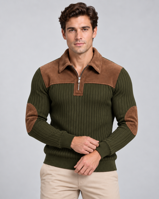 Men's Ribbed Quarter Zip Sweater - Contrast Yoke Regular Fit