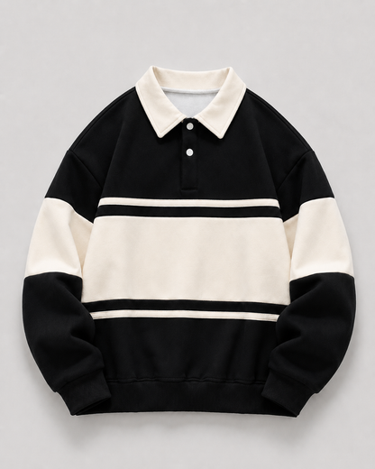 Men's Rugby Polo Sweater - Colour Block Long Sleeve Relaxed Fit