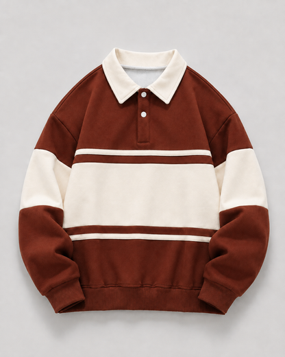 Men's Rugby Polo Sweater - Colour Block Long Sleeve Relaxed Fit