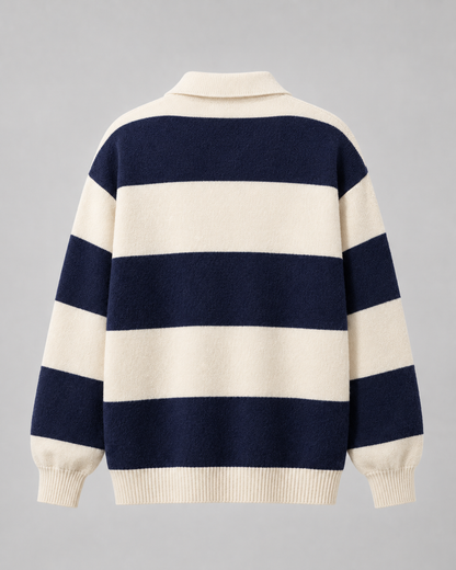 Men's Rugby Stripe Knitted Polo Sweater - Relaxed Fit Long Sleeve