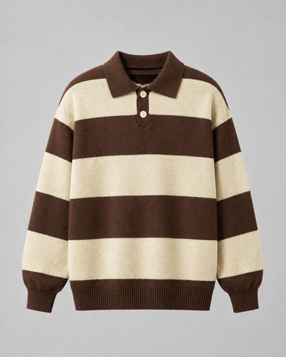 Men's Rugby Stripe Knitted Polo Sweater - Relaxed Fit Long Sleeve