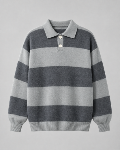 Men's Rugby Stripe Knitted Polo Sweater - Relaxed Fit Long Sleeve