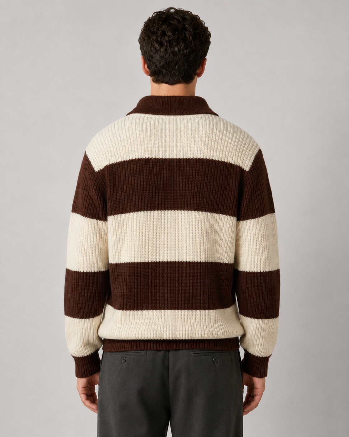 Men's Striped Knitted Polo Sweater with Button Collar