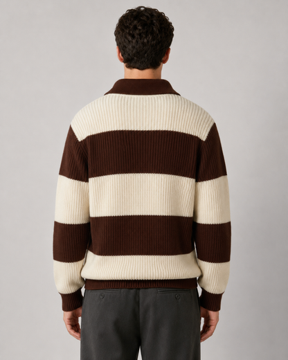 Men's Striped Knitted Polo Sweater with Button Collar