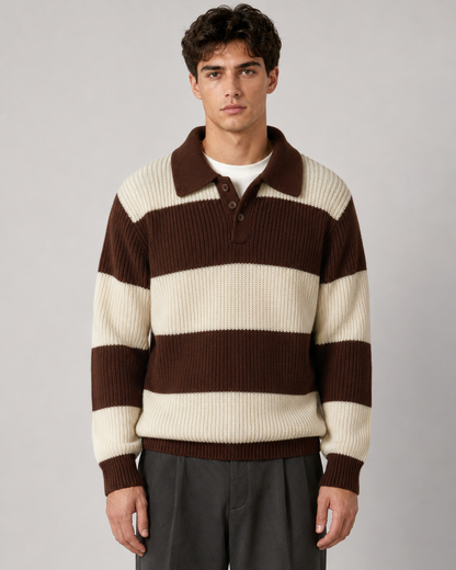 Men's Striped Knitted Polo Sweater with Button Collar