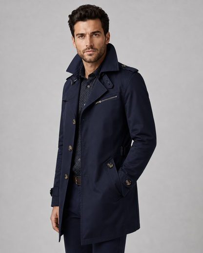 Men's Trench Coat - Button Front Epaulettes Mid-Length