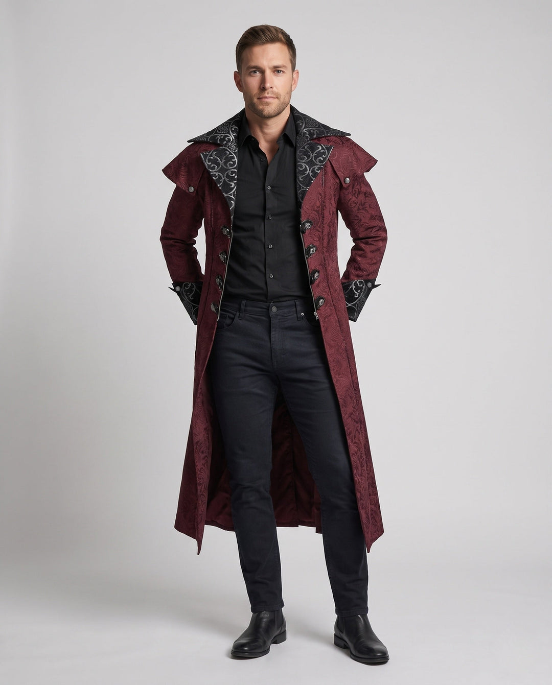 Men's Elegant Gothic Coat with Elaborate Embellishments and High Collar