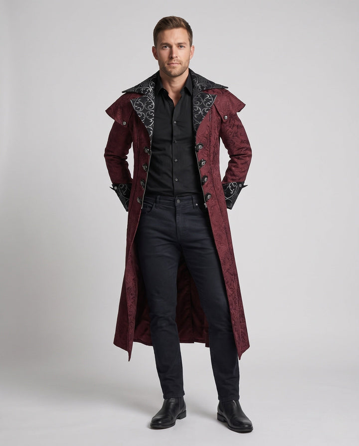 Men's Elegant Gothic Coat with Elaborate Embellishments and High Collar