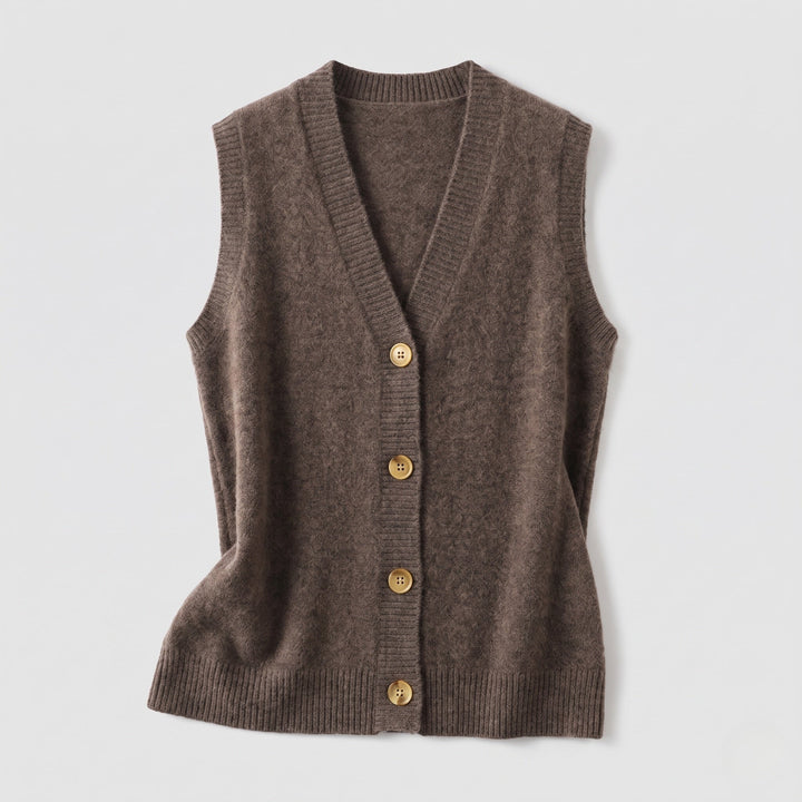 Women Sleeveless Wool Blend Knit Vest with V-Neck and Button Placket