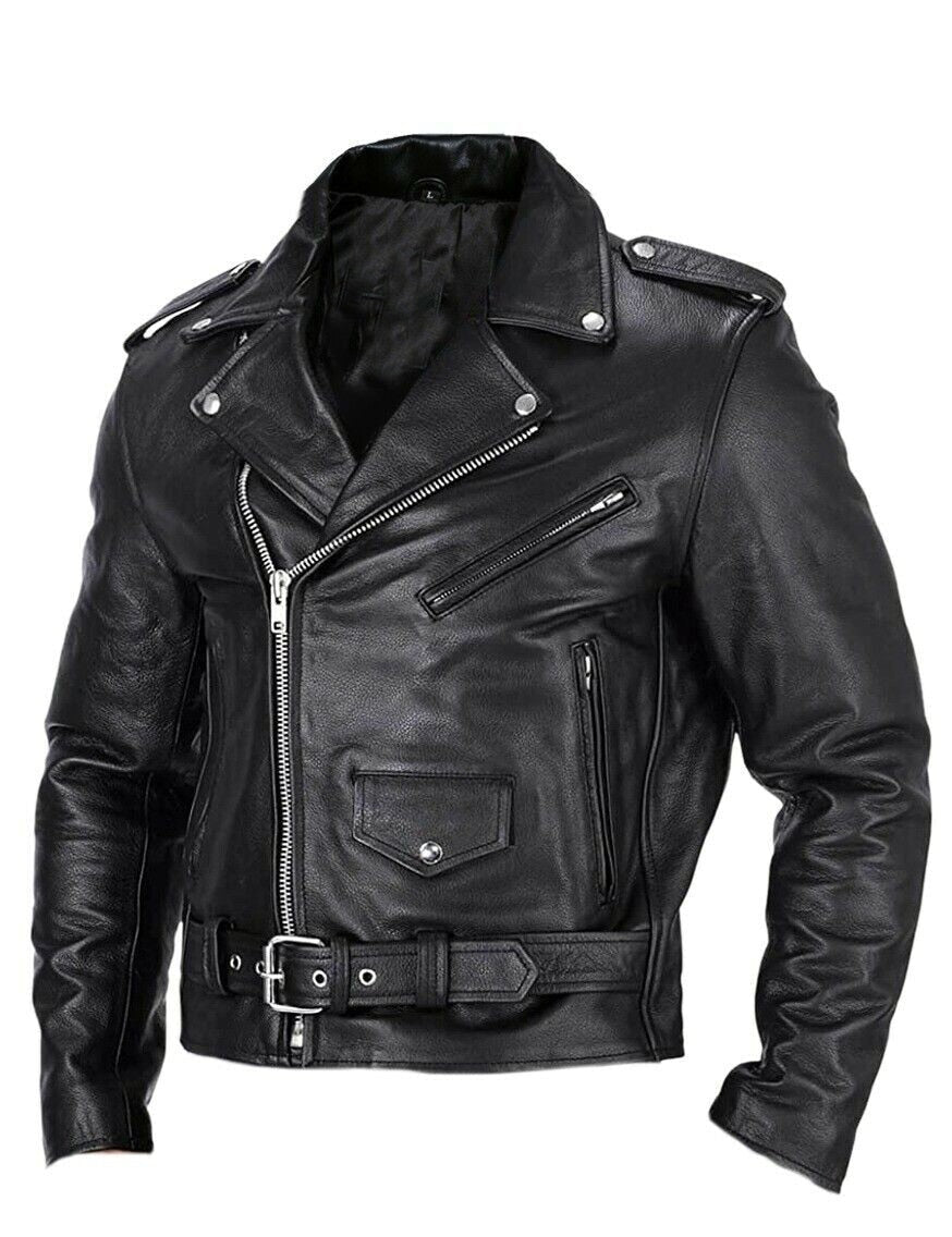 Slim Fit Leather Motorcycle Jacket for Men with Stand-Up Collar