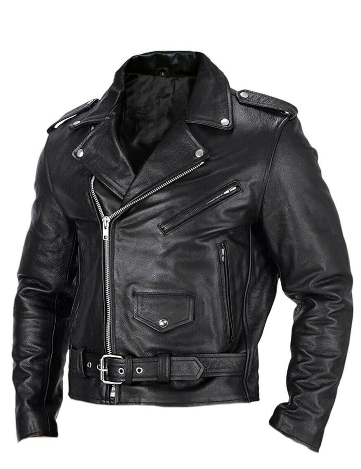 Slim Fit Leather Motorcycle Jacket for Men with Stand-Up Collar