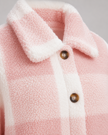 Women's Checked Teddy Fleece Jacket with Button Front