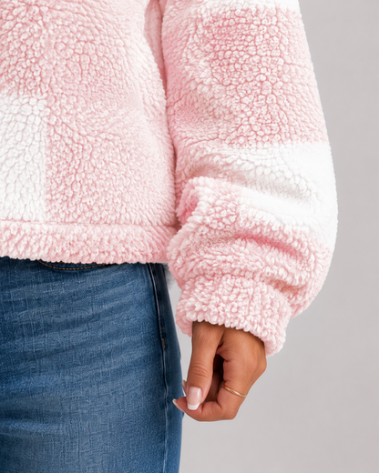 Women's Checked Teddy Fleece Jacket with Button Front