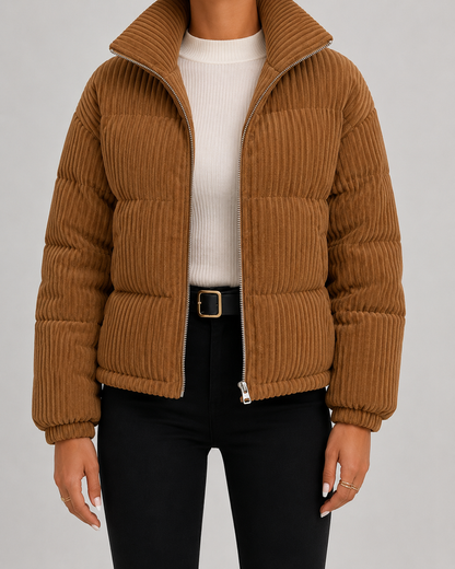 Women's Corduroy Puffer Jacket with Funnel Neck