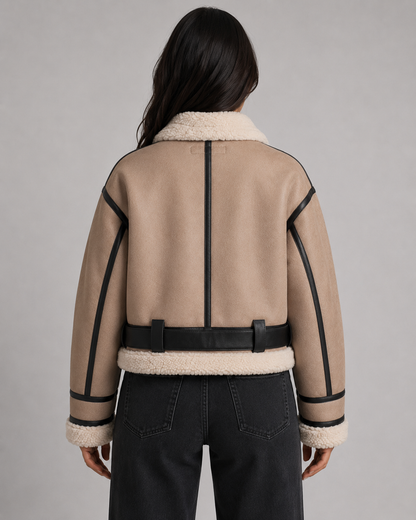 Women's Cropped Faux Leather Aviator Jacket with Shearling Collar