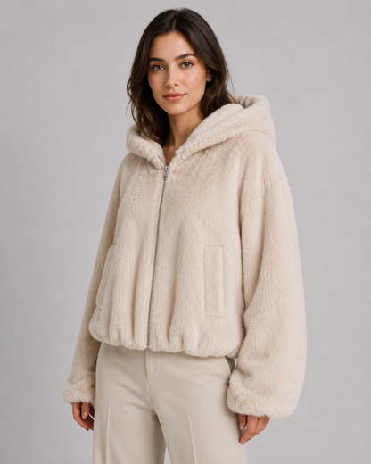 Women's Hooded Faux Fur Jacket with Zip Front