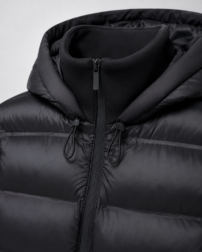 Women's Hooded Hybrid Puffer Jacket Padded Jersey Sleeve