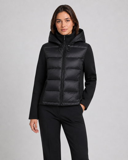 Women's Hooded Hybrid Puffer Jacket Padded Jersey Sleeve