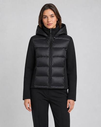 Women's Hooded Hybrid Puffer Jacket Padded Jersey Sleeve
