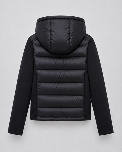 Women's Hooded Hybrid Puffer Jacket Padded Jersey Sleeve