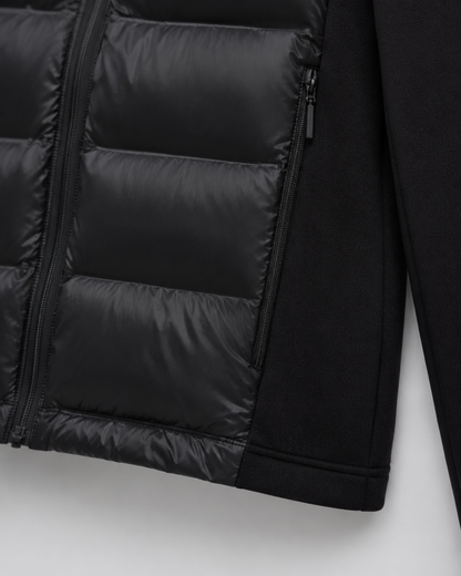 Women's Hooded Hybrid Puffer Jacket Padded Jersey Sleeve