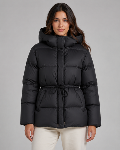 Women's Hooded Puffer Jacket Drawstring Waist Fitted