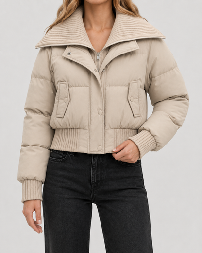 Women's Cropped Puffer Jacket with Ribbed Knit Collar