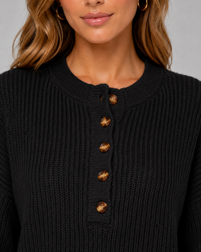 Women's Ribbed Henley Sweater Button Neck Relaxed Knit