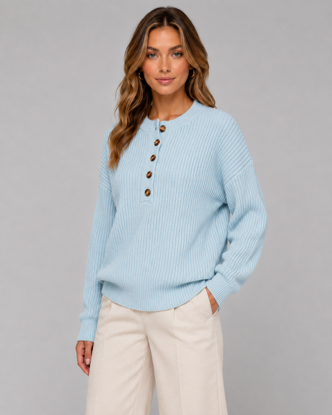 Women's Ribbed Henley Sweater Button Neck Relaxed Knit