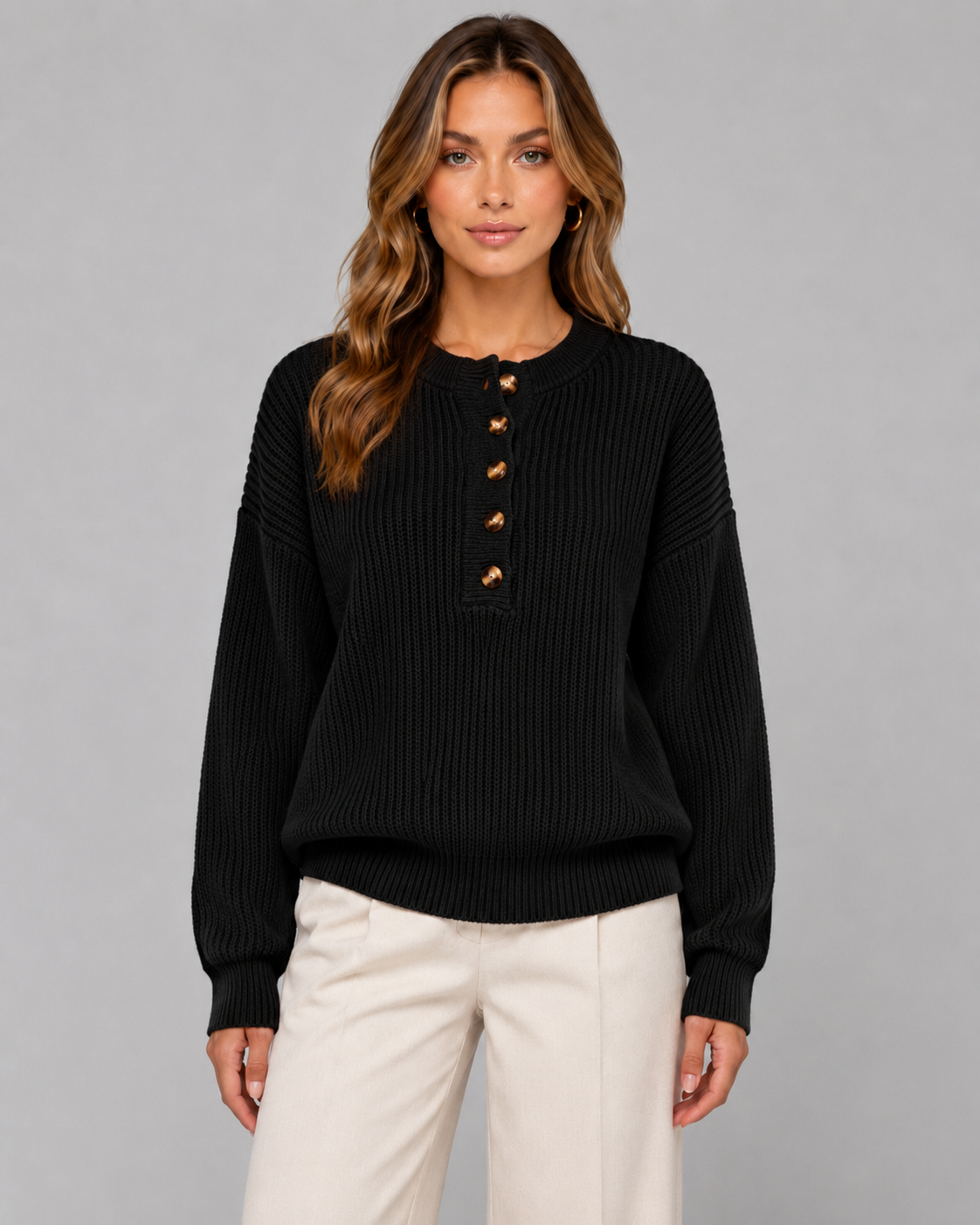 Women's Ribbed Henley Sweater Button Neck Relaxed Knit