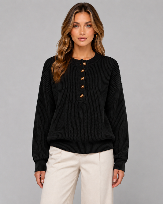 Women's Ribbed Henley Sweater Button Neck Relaxed Knit