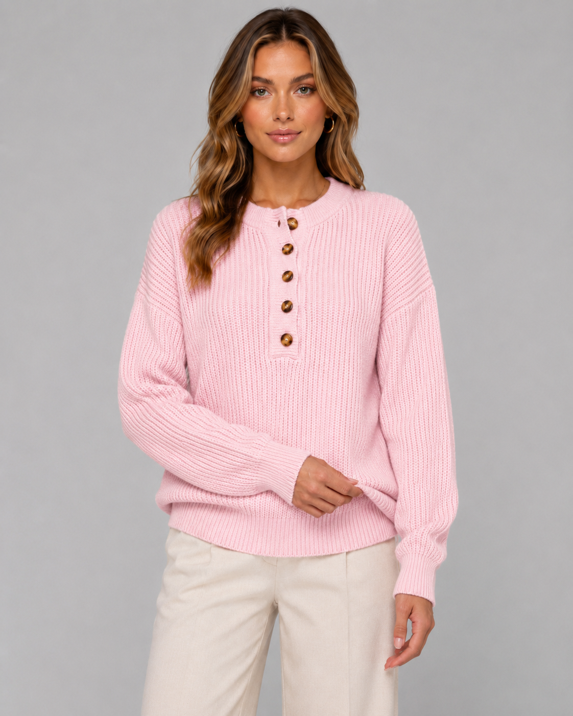 Women's Ribbed Henley Sweater Button Neck Relaxed Knit