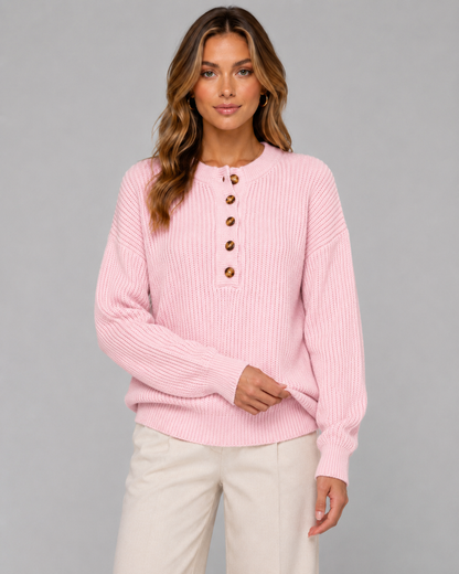 Women's Ribbed Henley Sweater Button Neck Relaxed Knit