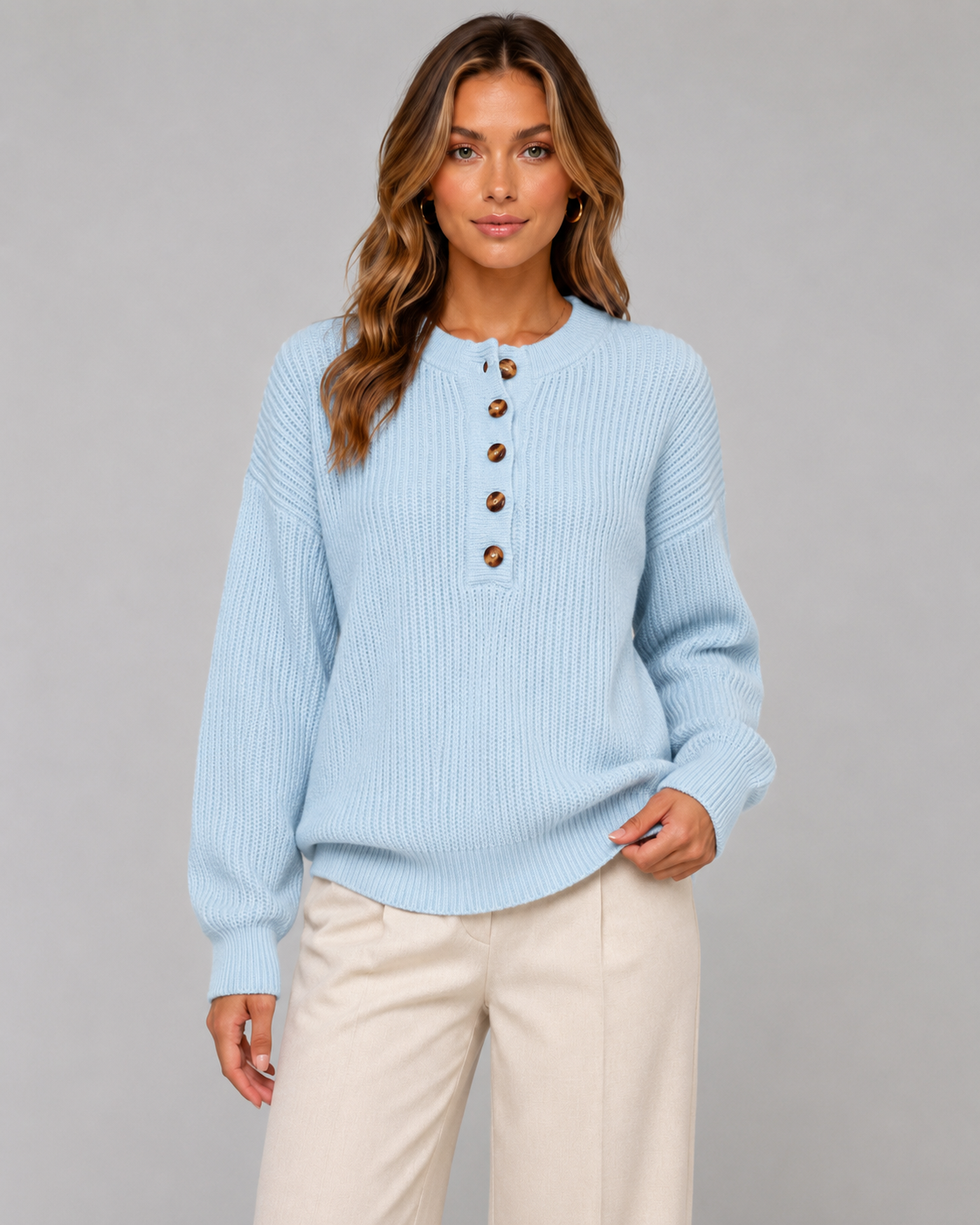 Women's Ribbed Henley Sweater Button Neck Relaxed Knit