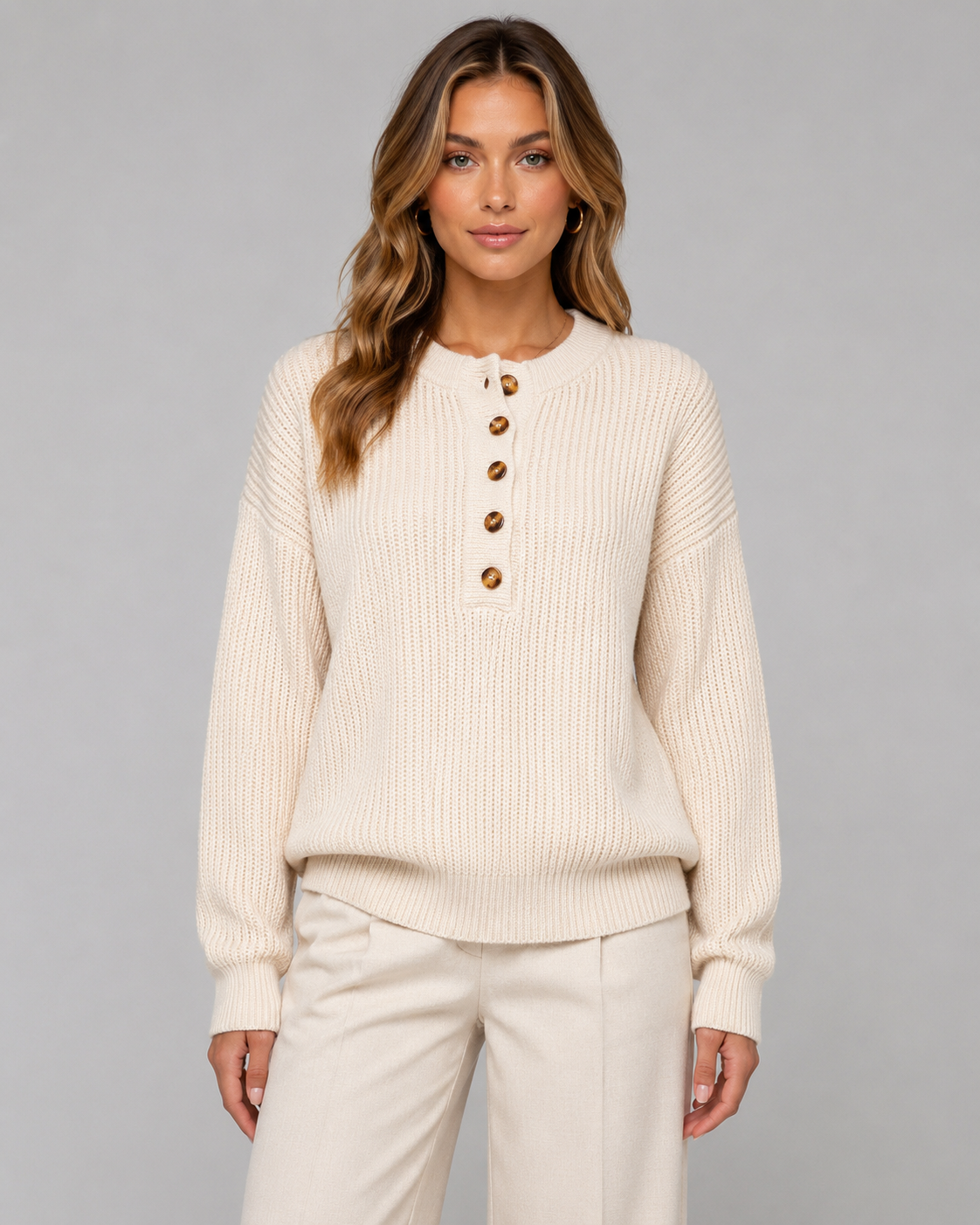 Women's Ribbed Henley Sweater Button Neck Relaxed Knit