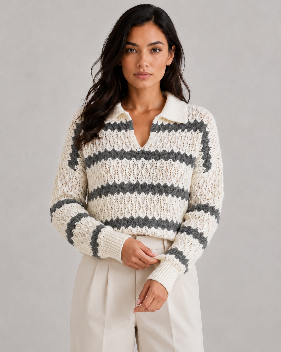Women's Striped Collared Knit Sweater