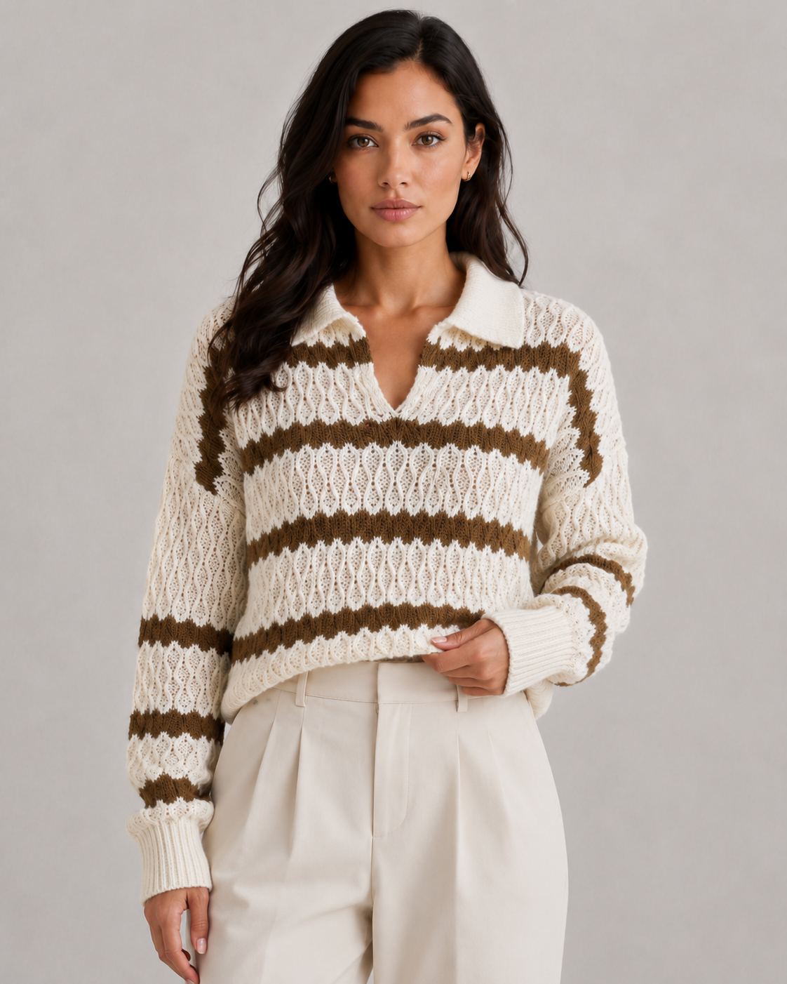 Women's Striped Collared Knit Sweater