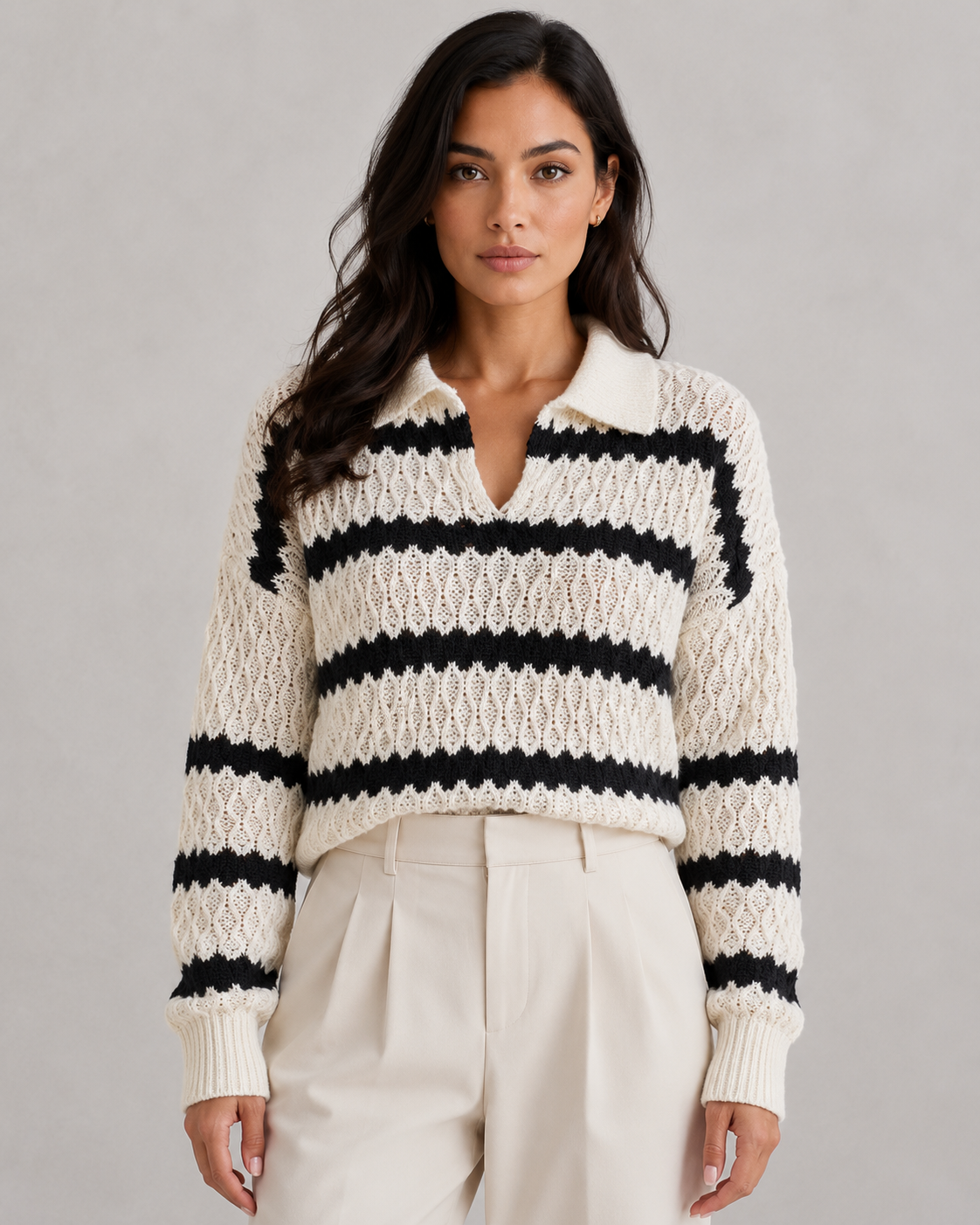 Women's Striped Collared Knit Sweater