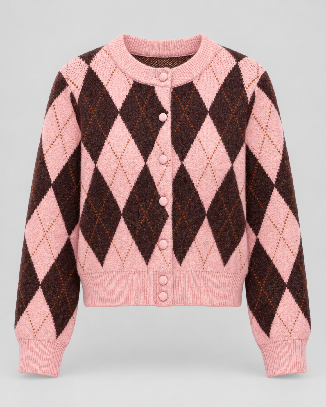 Women's Argyle Knit Cardigan - Button Front Cropped Crew Neck