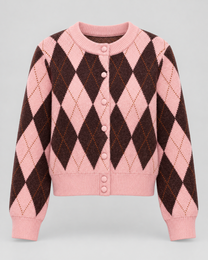 Women's Argyle Knit Cardigan - Button Front Cropped Crew Neck
