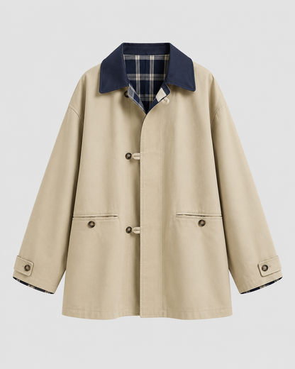 Women's Barn Jacket – Contrast Collar Plaid Lining Relaxed Fit