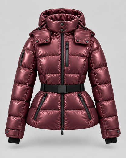 Women's Belted Puffer Jacket – Hooded High Collar Fitted Waist