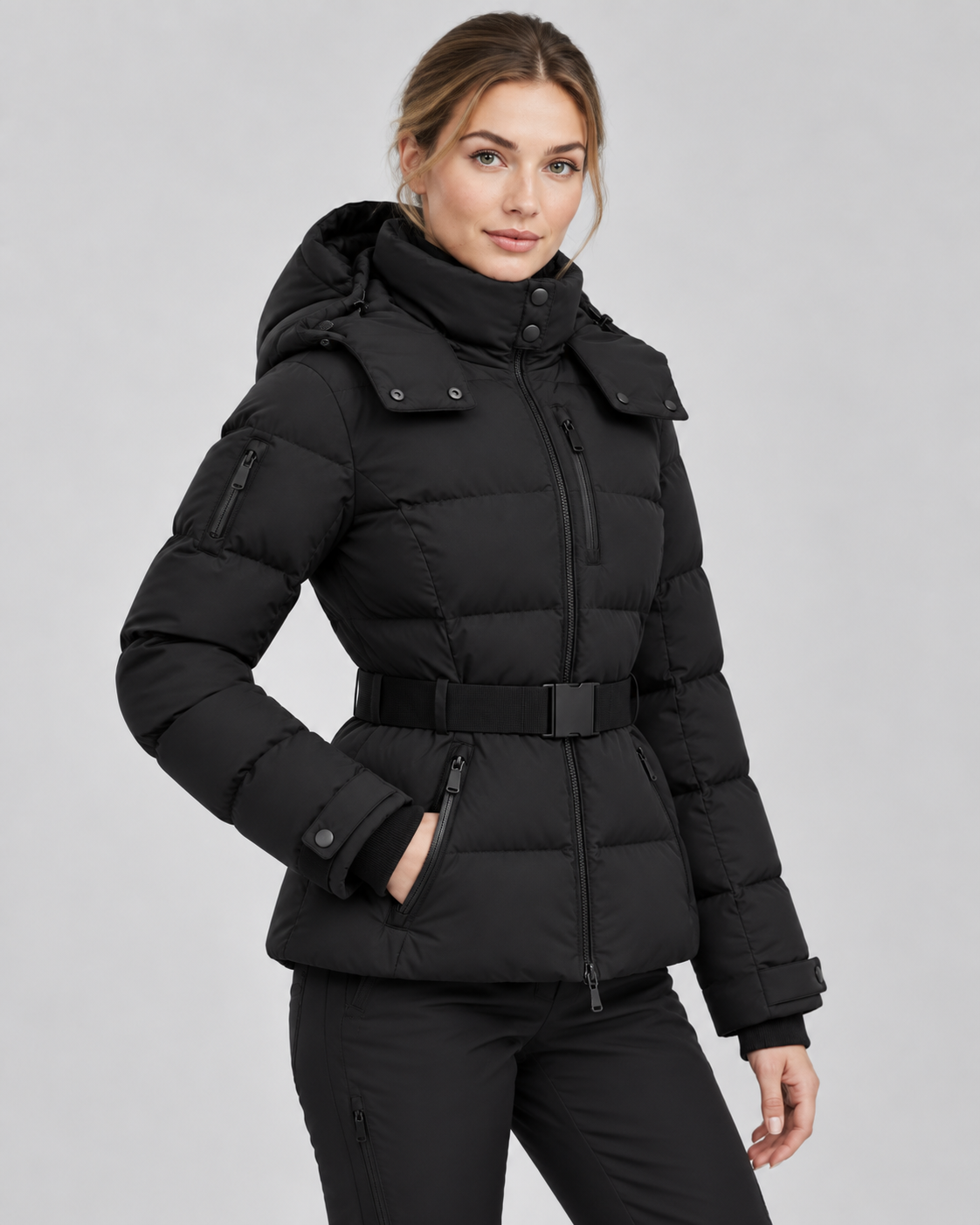 Women's Belted Puffer Jacket – Hooded High Collar Fitted Waist