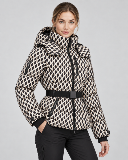 Women's Belted Puffer Jacket – Hooded High Collar Fitted Waist