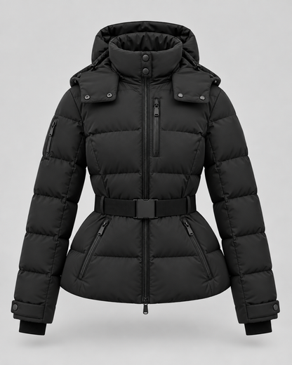 Women's Belted Puffer Jacket – Hooded High Collar Fitted Waist