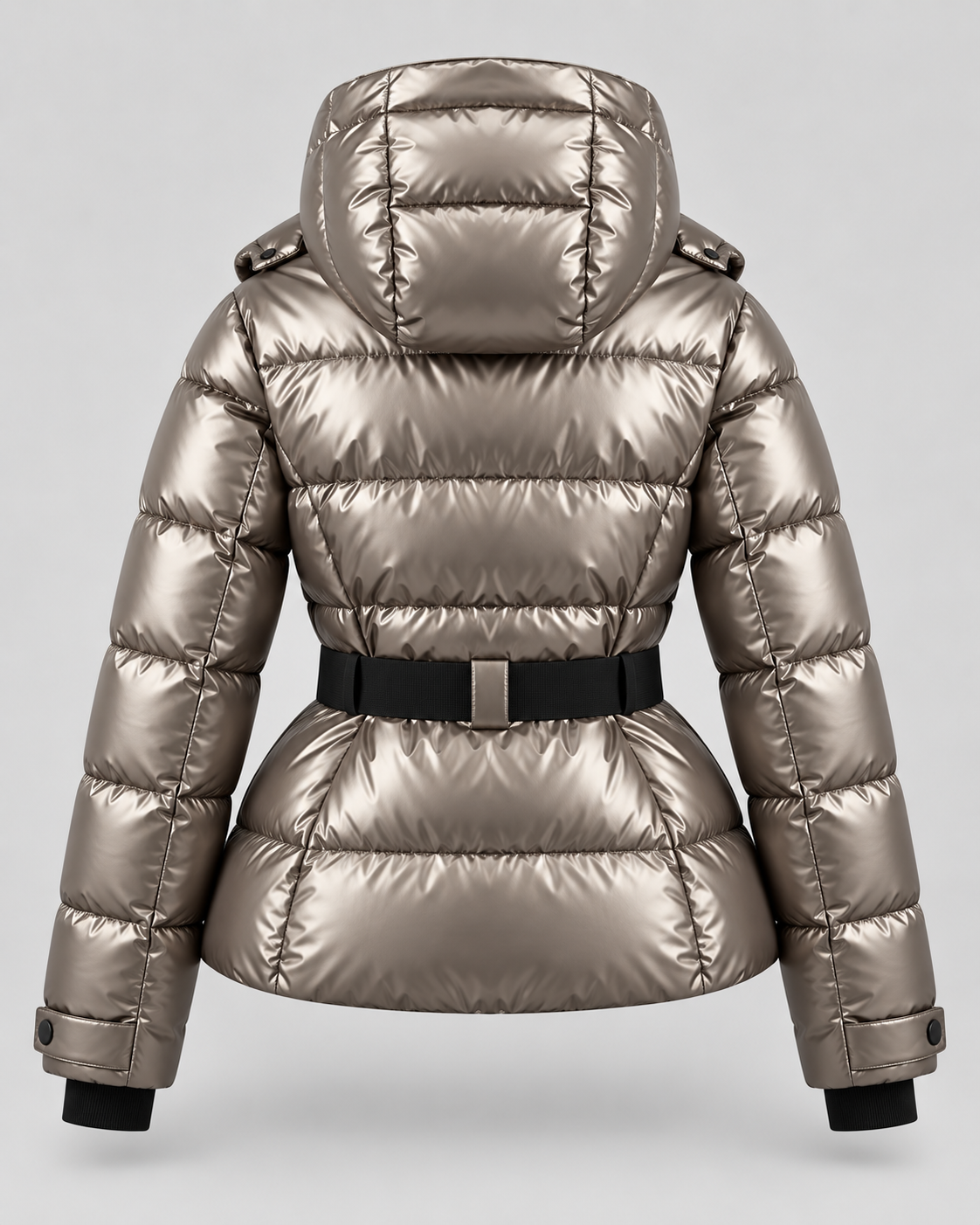 Women's Belted Puffer Jacket – Hooded High Collar Fitted Waist