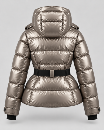 Women's Belted Puffer Jacket – Hooded High Collar Fitted Waist