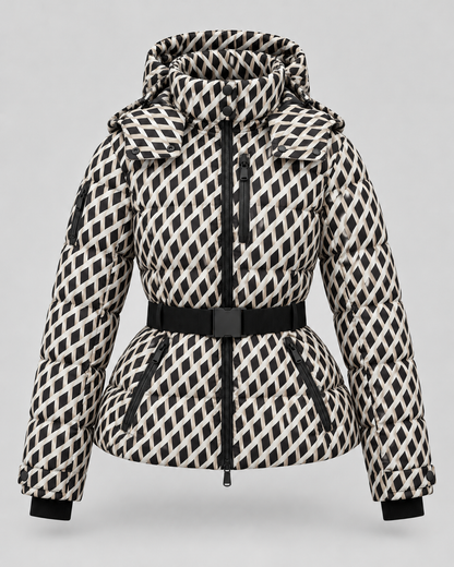 Women's Belted Puffer Jacket – Hooded High Collar Fitted Waist