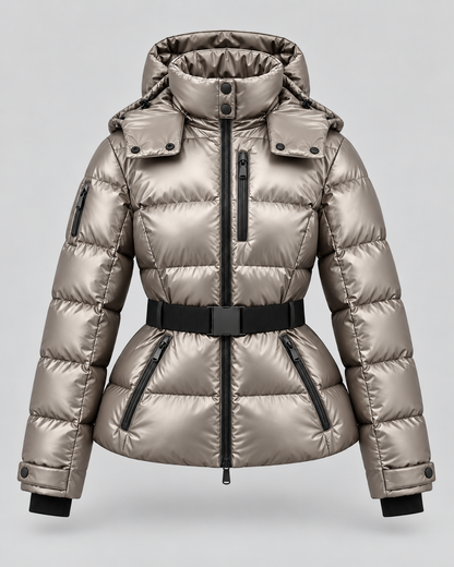 Women's Belted Puffer Jacket – Hooded High Collar Fitted Waist